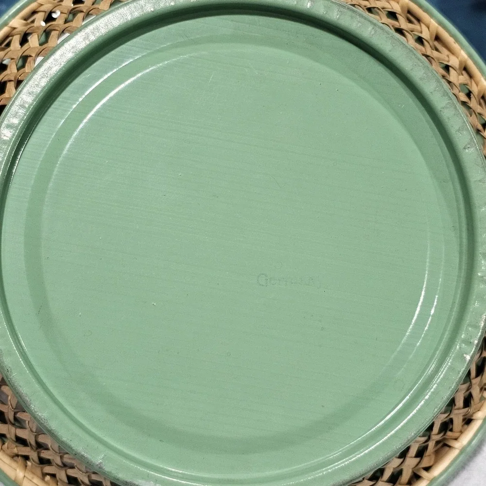 Vintage Wicker Bread Basket Tin Rim Bottom Stamped Germany Rattan 9
